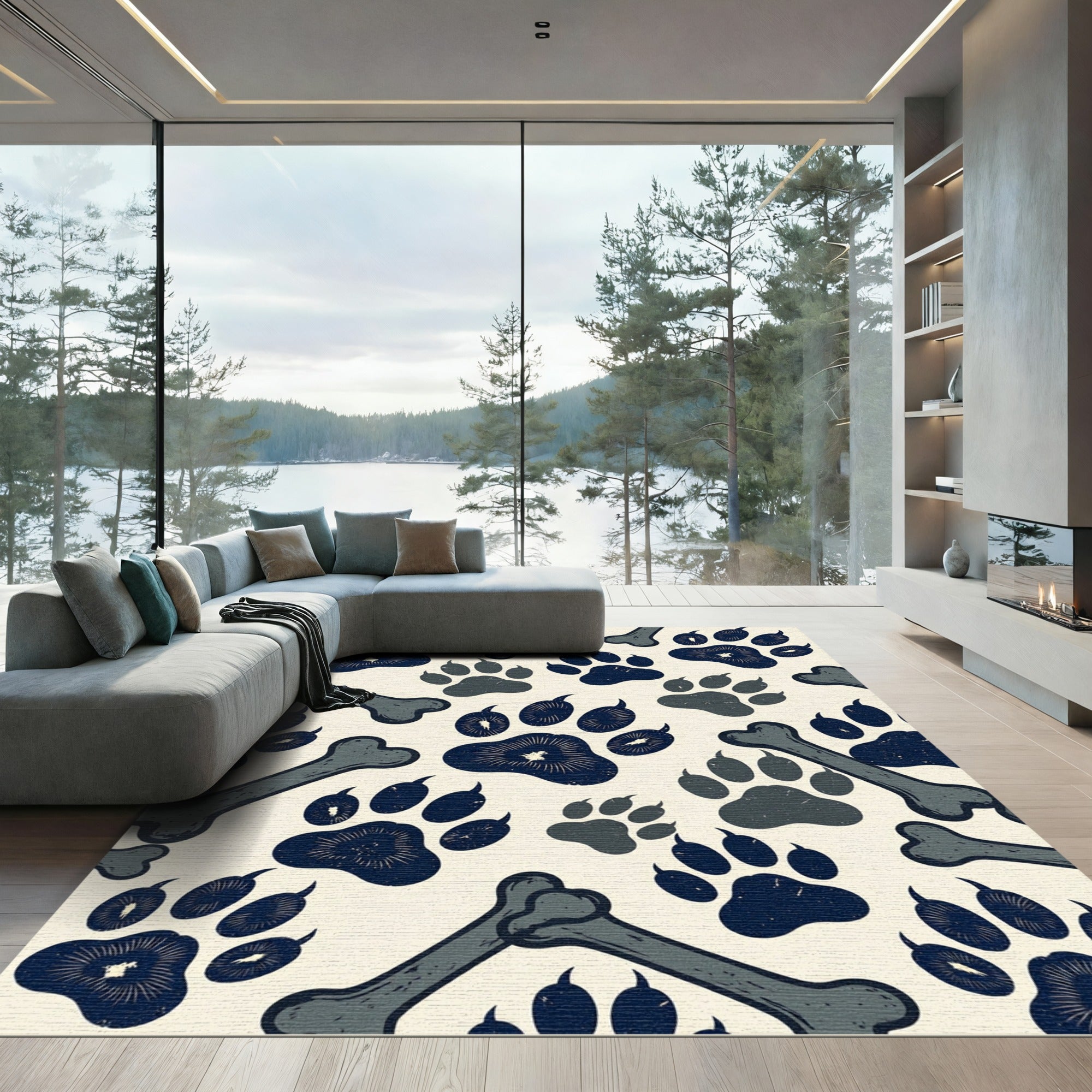 Playful Navy Paw Bone Illustration Rug