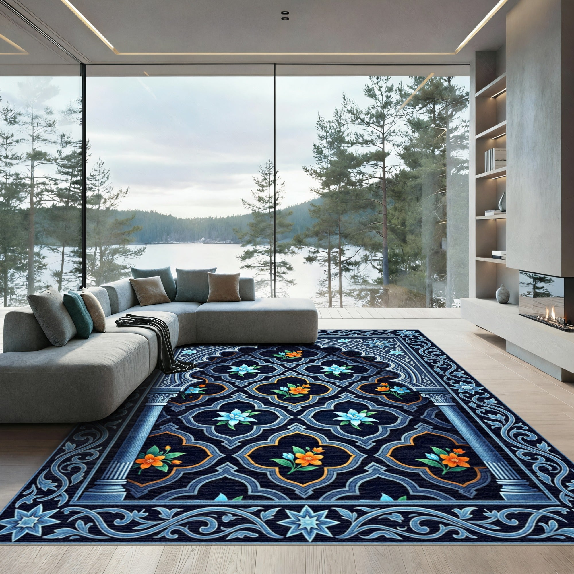 Deep Navy Arabesque Floral Arches Rug