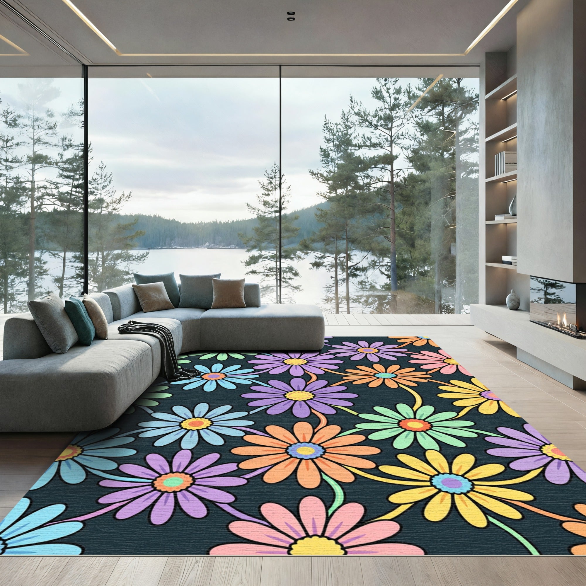 Retro Pastel Floral Daisy Tile Rug