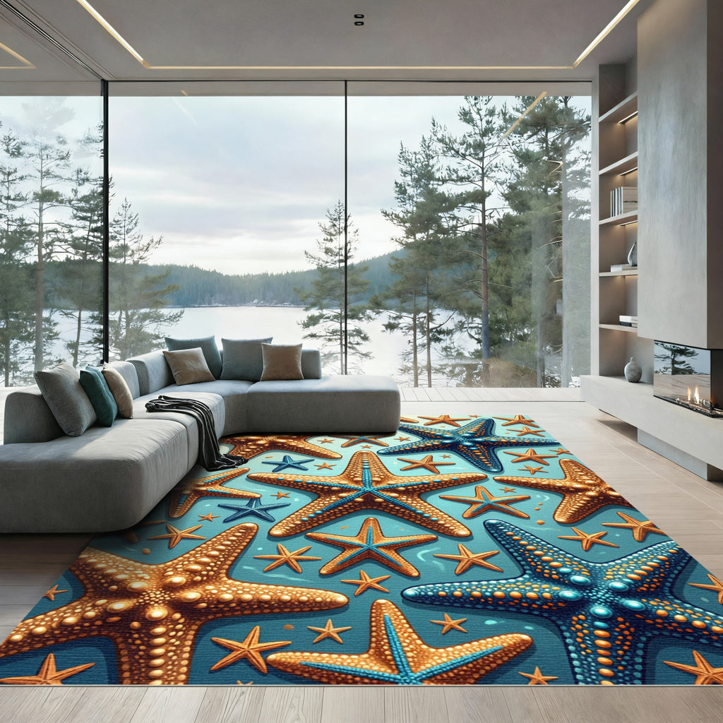 Coastal Blue and Gold Starfish Arrangement Rug
