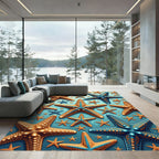 Coastal Blue and Gold Starfish Arrangement Rug