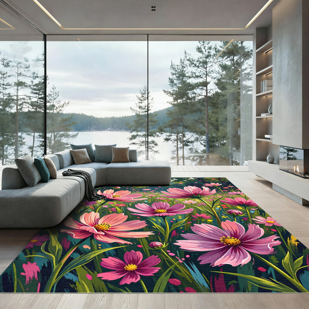 Vibrant Pink Cosmos Garden Meadow Rug