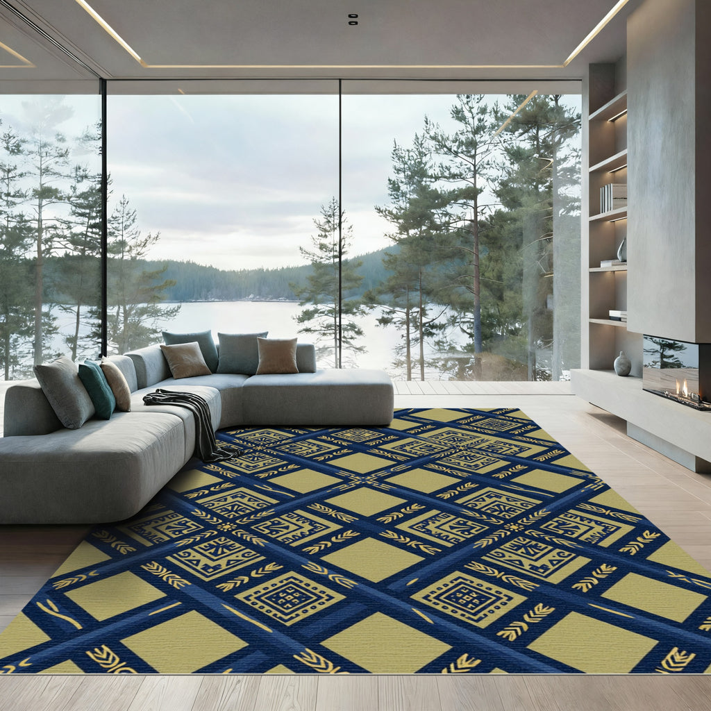 Geometric Navy Blue Gold Interlocking Tile Rug