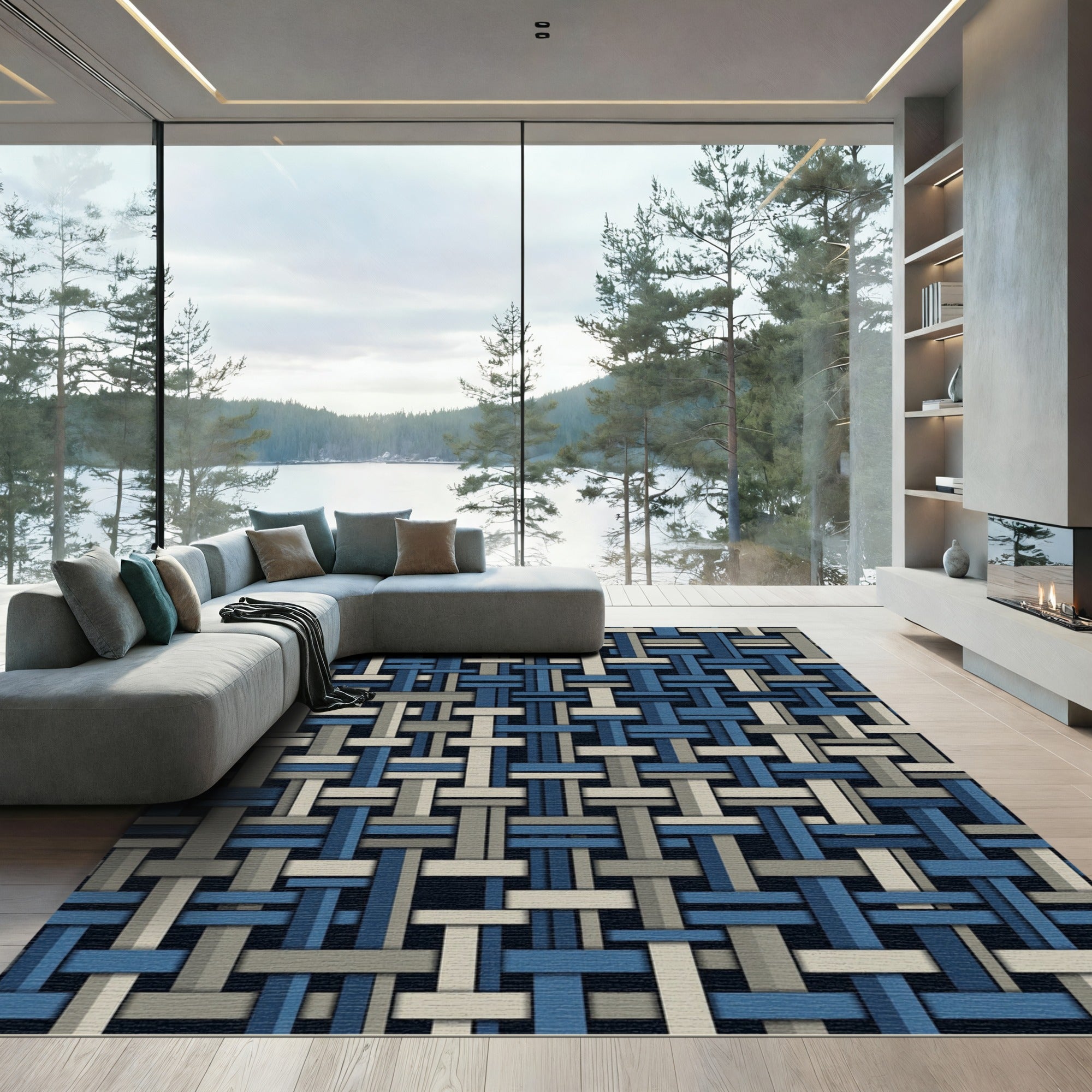 Navy and Beige Woven Grid Texture Rug