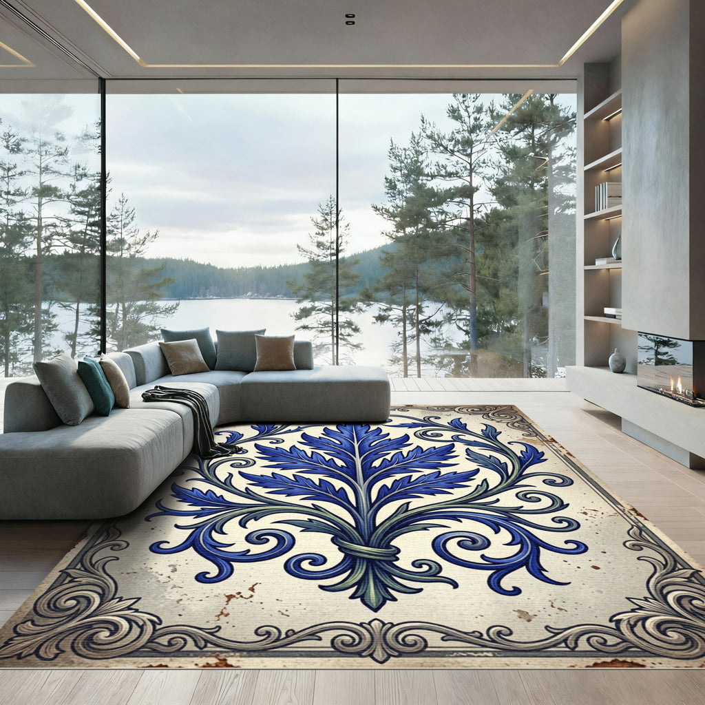 Royal Blue Acanthus Leaf Scrollwork Rug