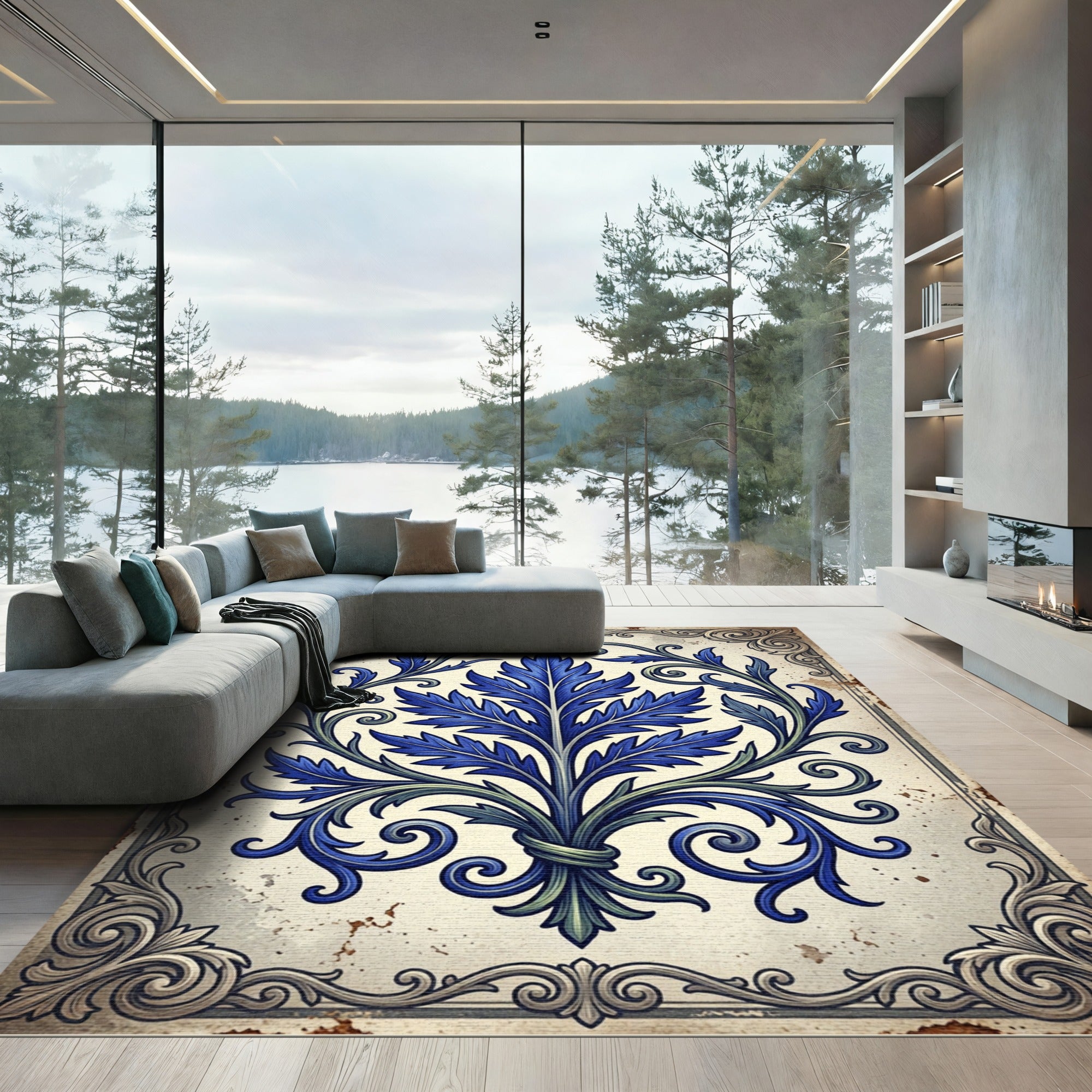Royal Blue Acanthus Leaf Scrollwork Rug