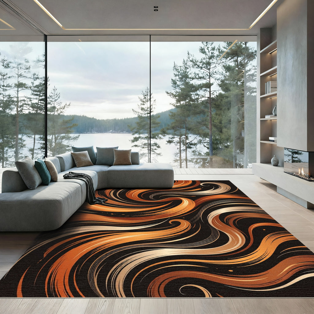 Earthy Amber Golden Swirl Wave Rug