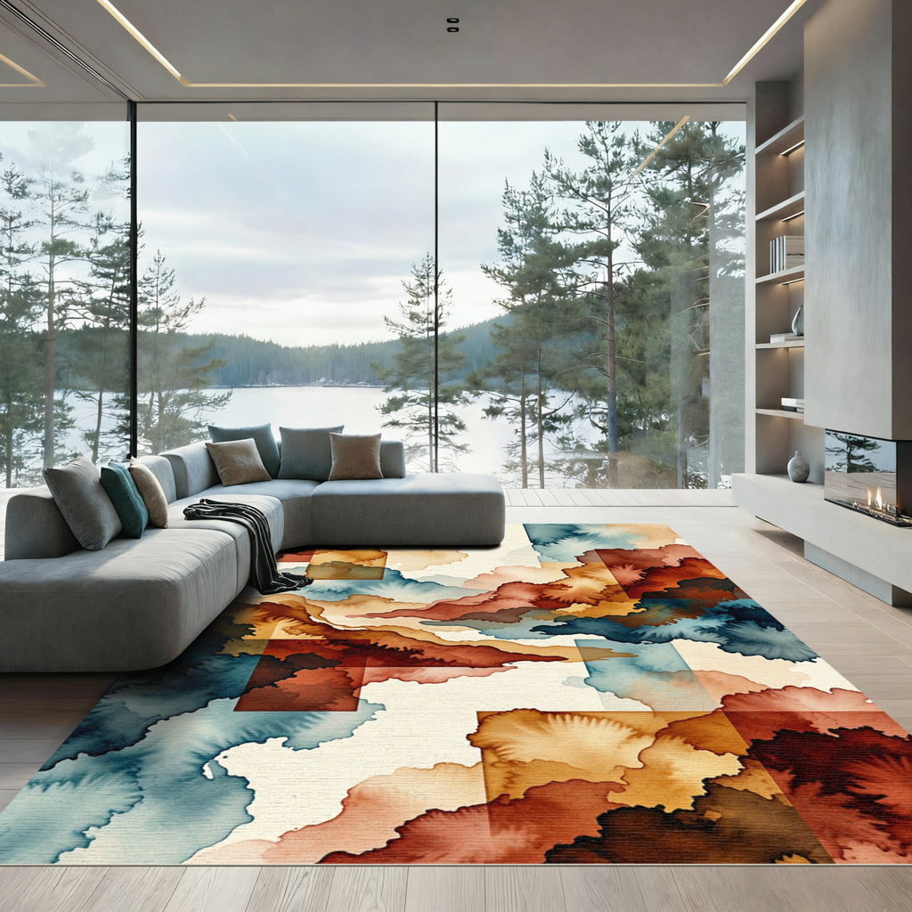 Abstract Ochre and Indigo Cloudscape Rug