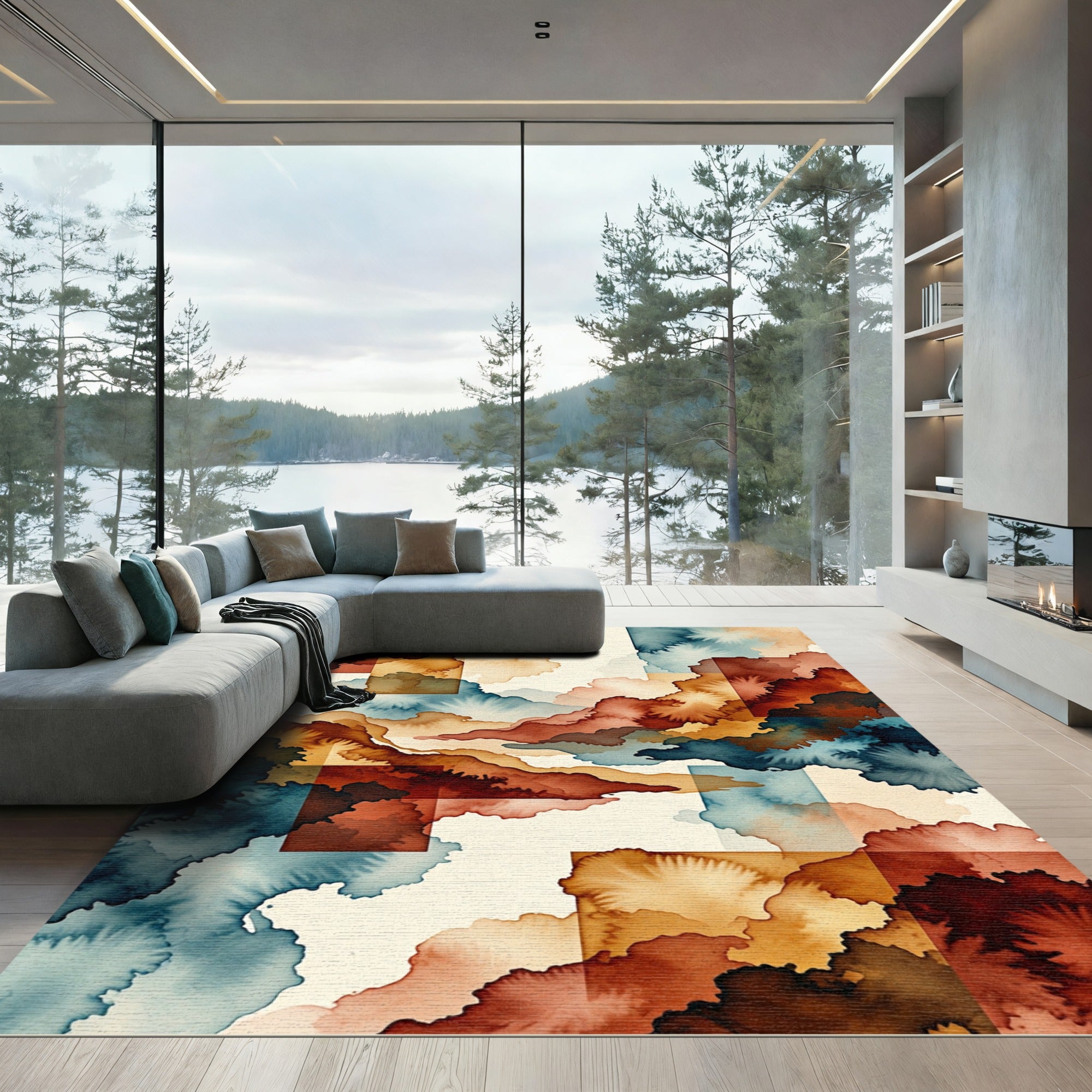 Abstract Ochre and Indigo Cloudscape Rug