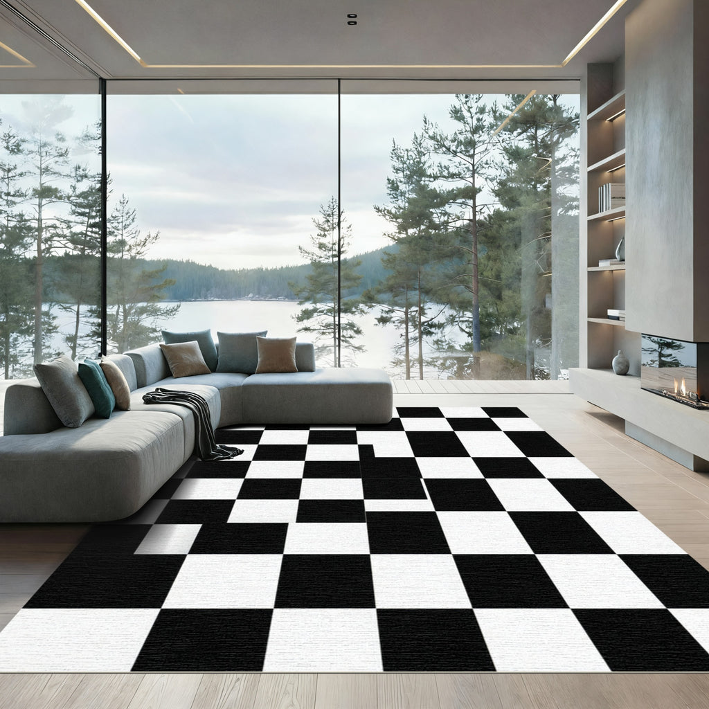 Bold Black and White Checkered Grid Rug