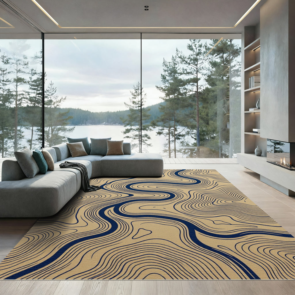 Modern Navy and Sand Topographic Line Rug