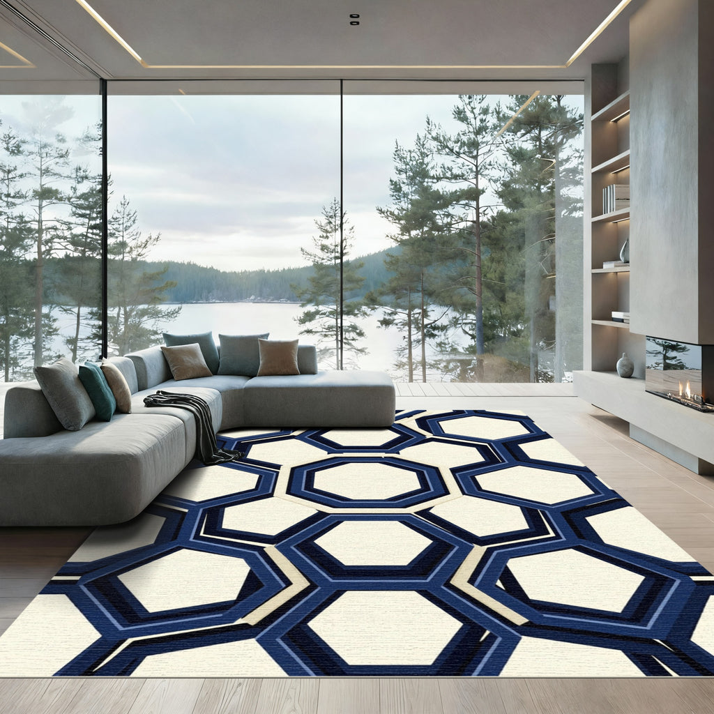 Modern Navy Blue Geometric Honeycomb Rug
