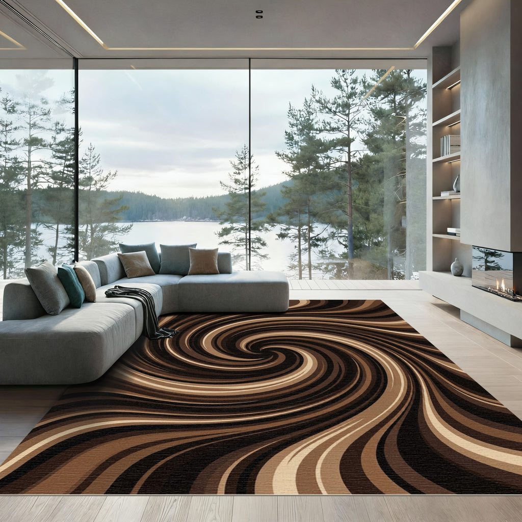 Modern Chocolate Brown Swirl Art Rug