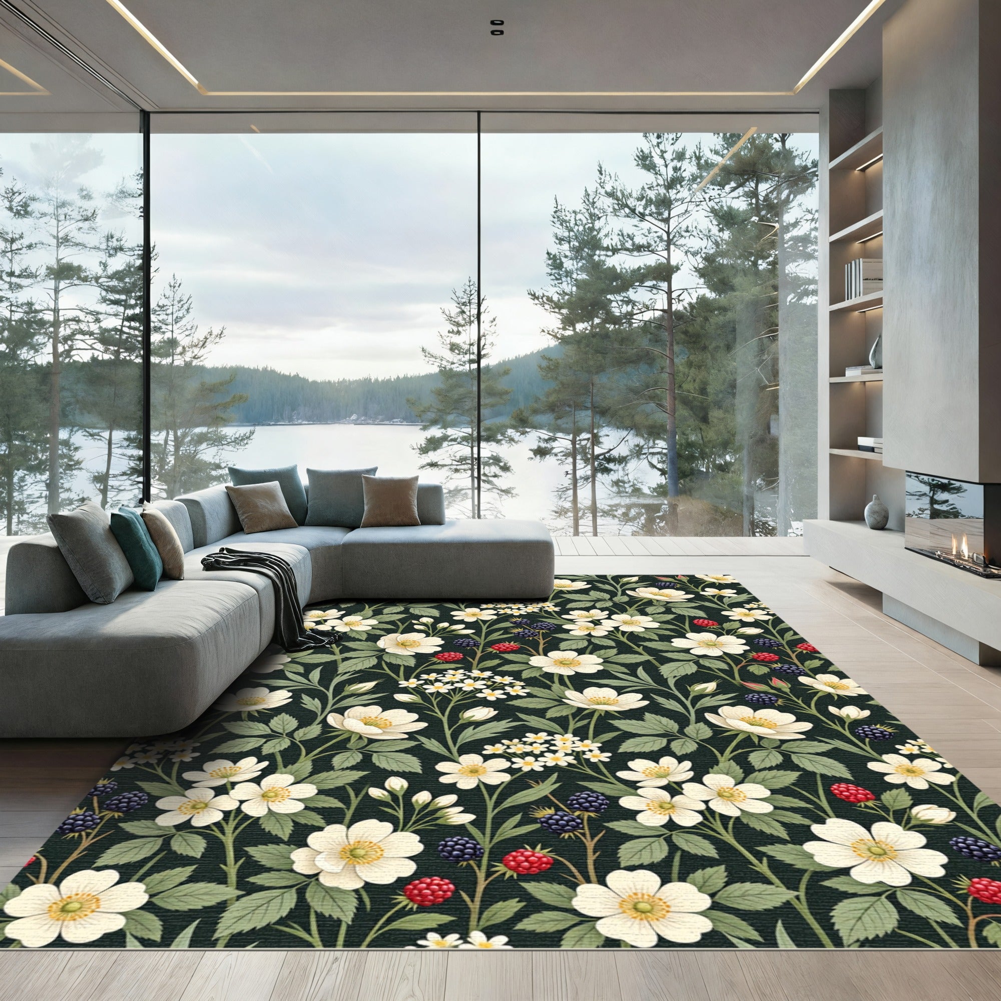Botanical Blackberry White Wildflower Dark Canvas Rug