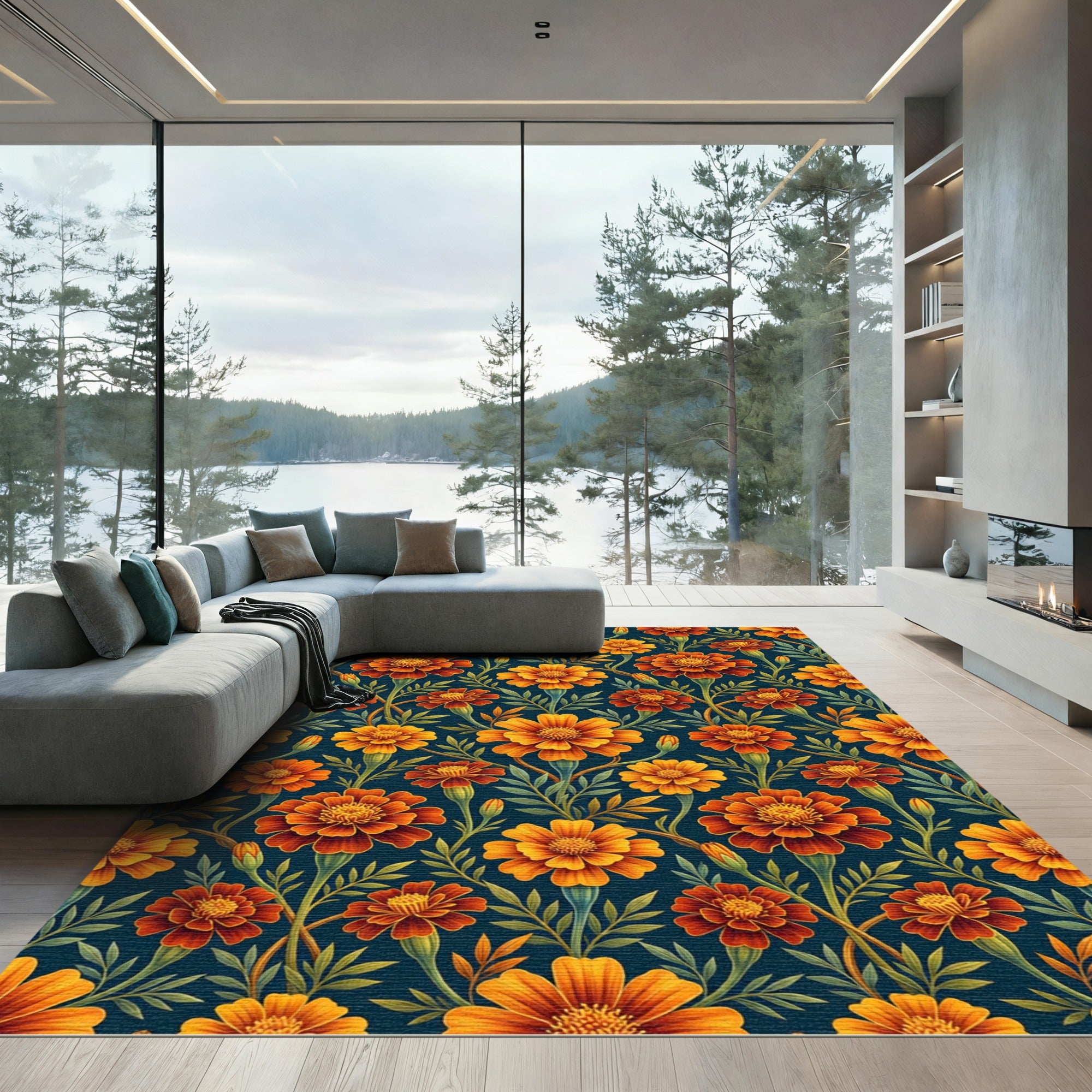 Fiery Orange Marigold Floral Garland Rug