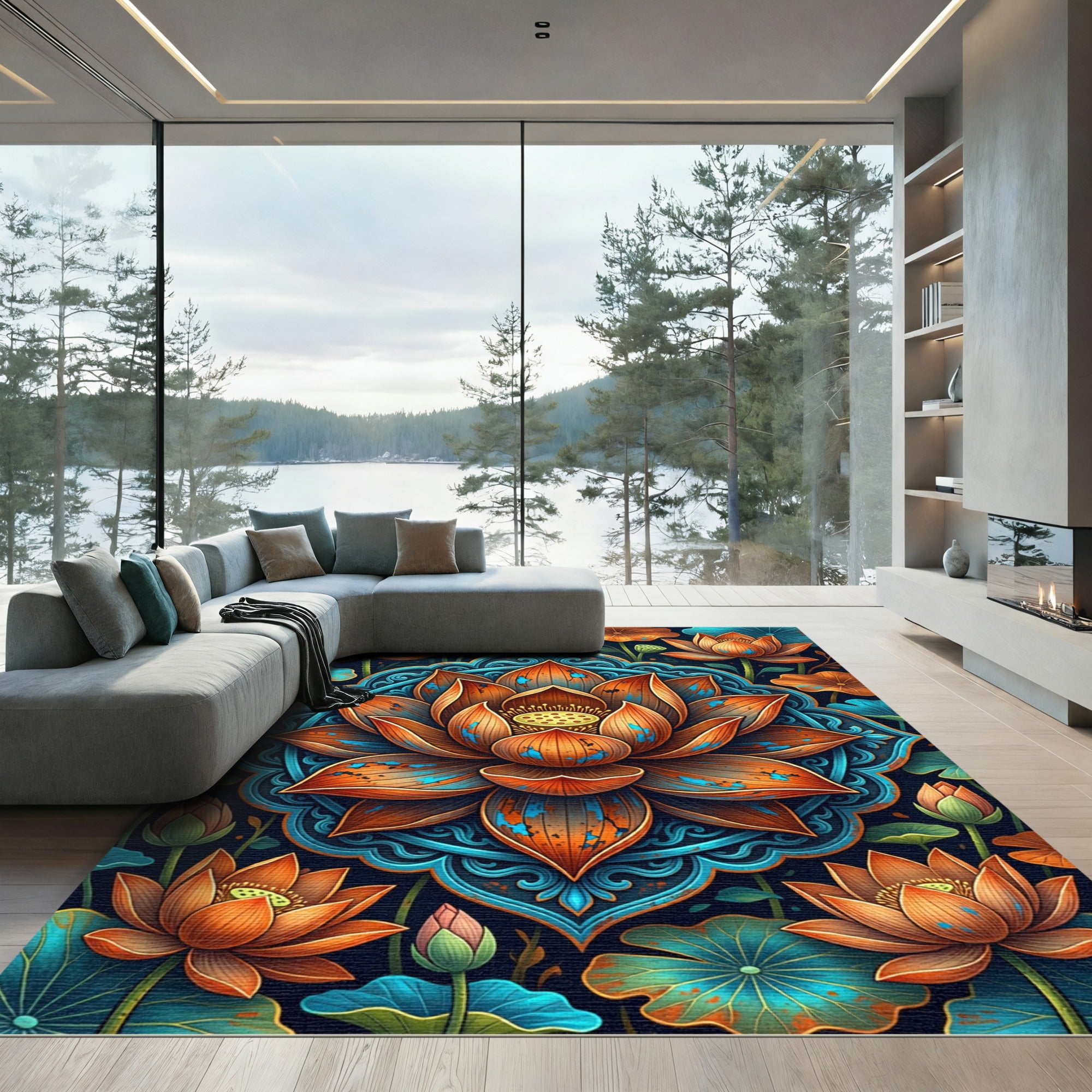 Vibrant Orange Lotus Teal Mandala Rug