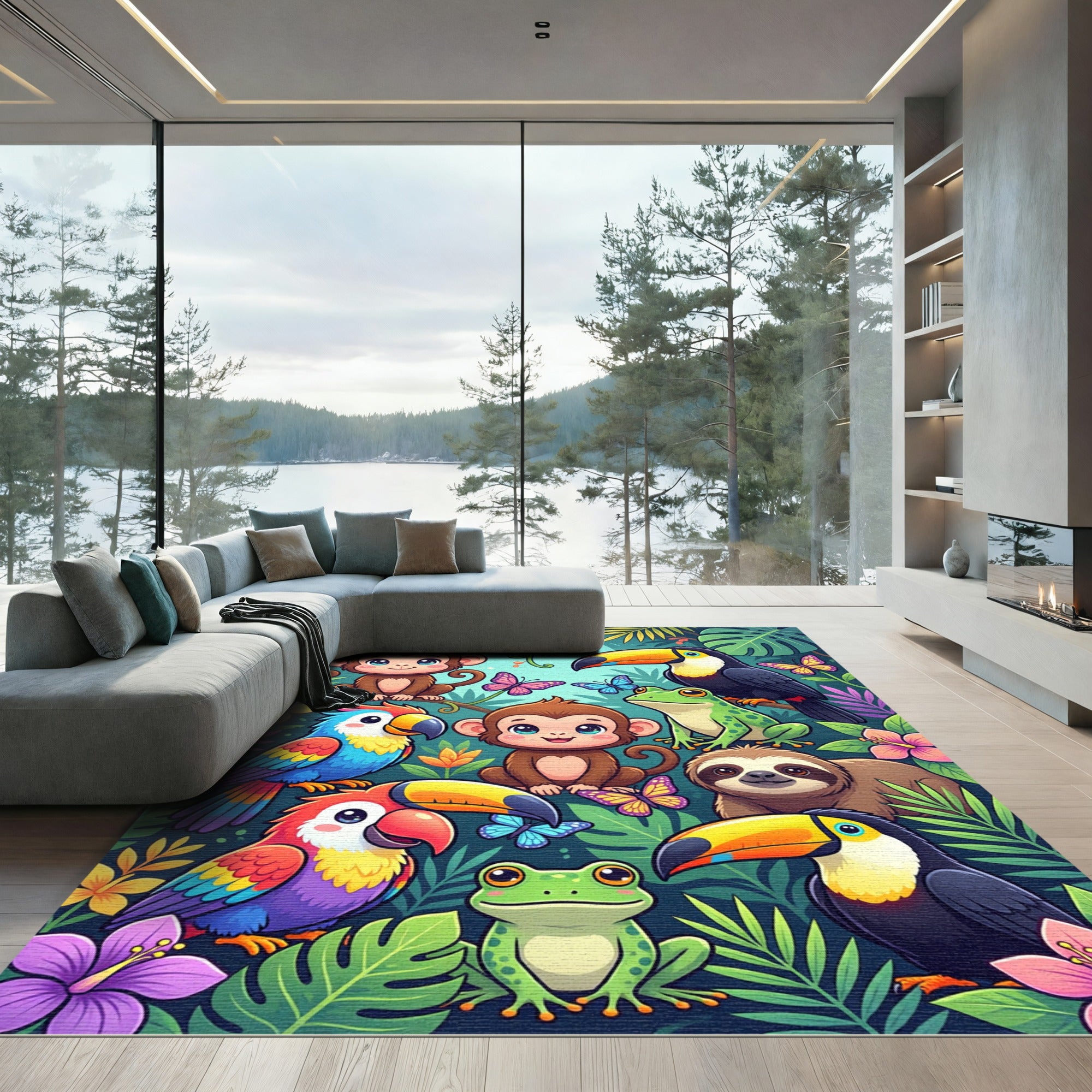 Vibrant Tropical Jungle Animal Forest Rug