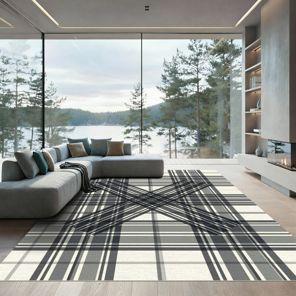 Monochrome Plaid Crossed Lines Grid Rug