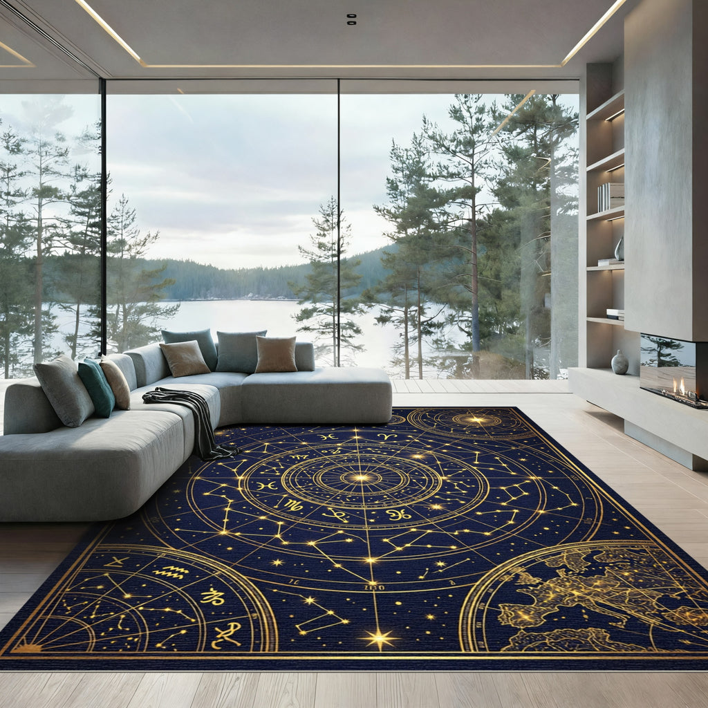 Golden Celestial Zodiac Constellation Map Area Rug