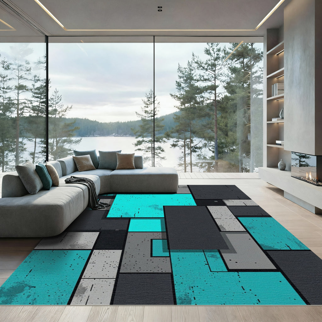 Modern Geometric Teal and Charcoal Blocks Rug