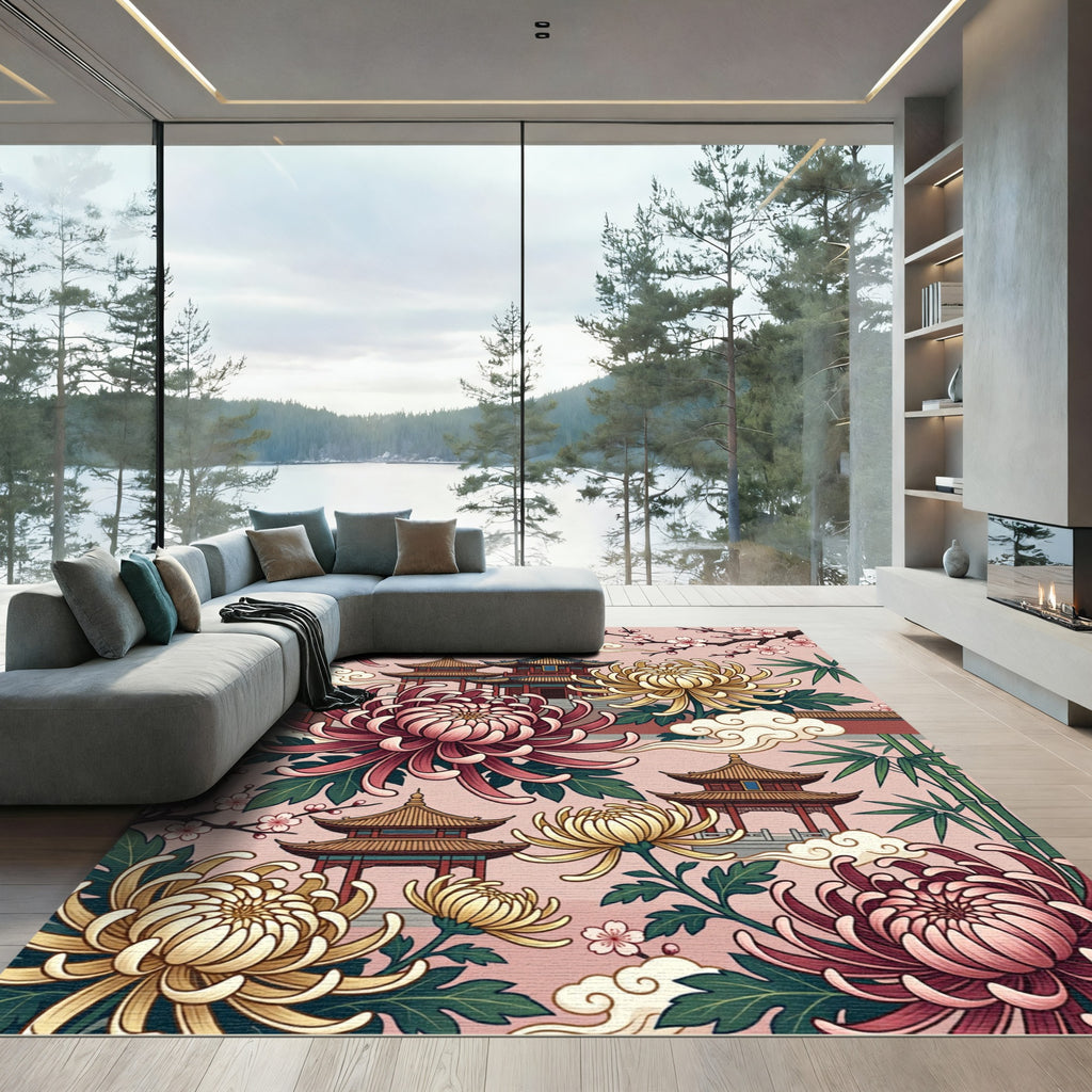 Asian Pagoda Chrysanthemum Garden Scene Rug