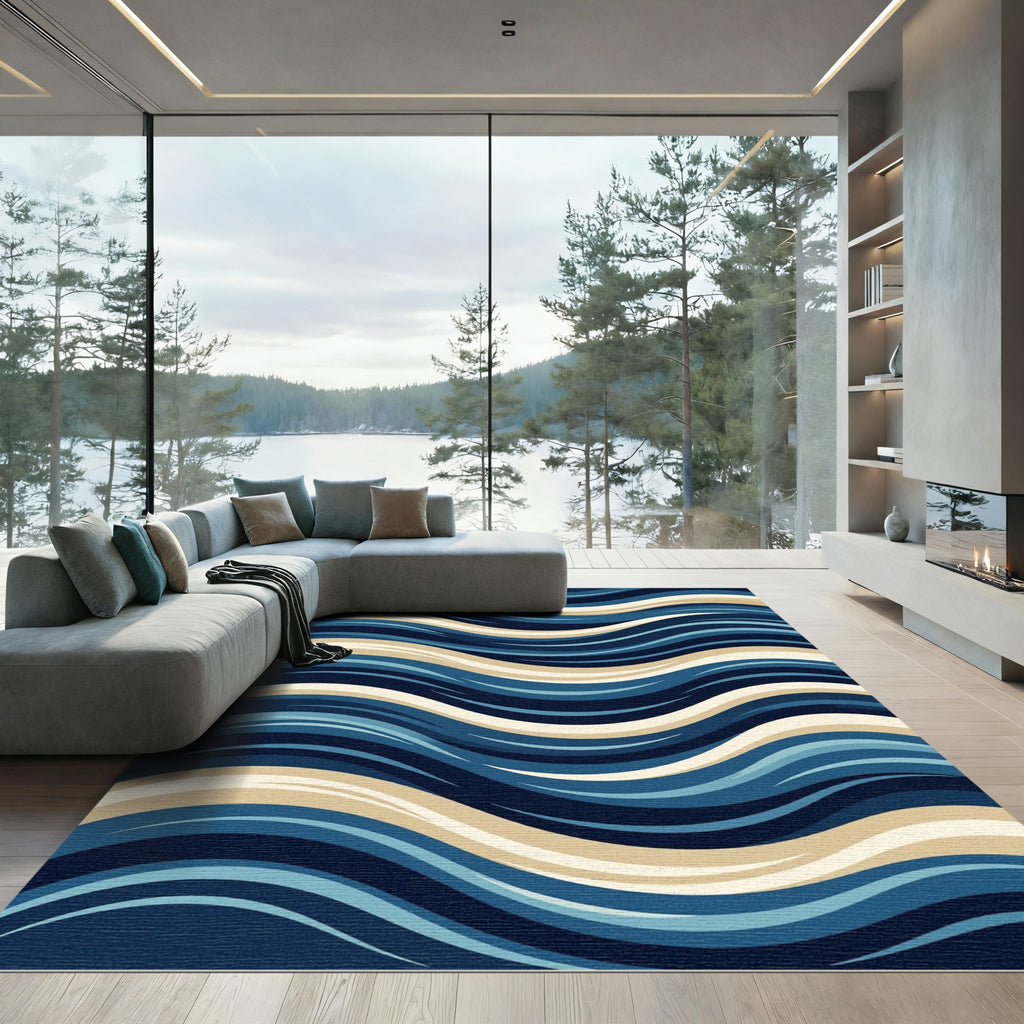 Modern Navy and Cream Abstract Waves Rug