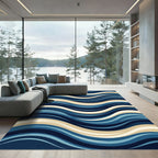 Modern Navy and Cream Abstract Waves Rug