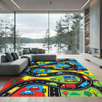 Vibrant Winding Road Traffic Cityscape Rug