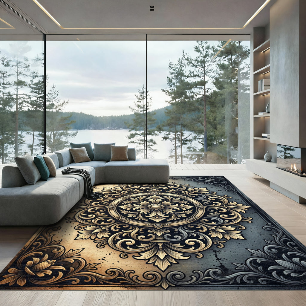 Elegant Gold Silver Ornate Medallion Rug