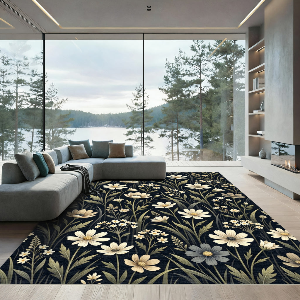 Dark Cream Floral Meadow Garden Rug