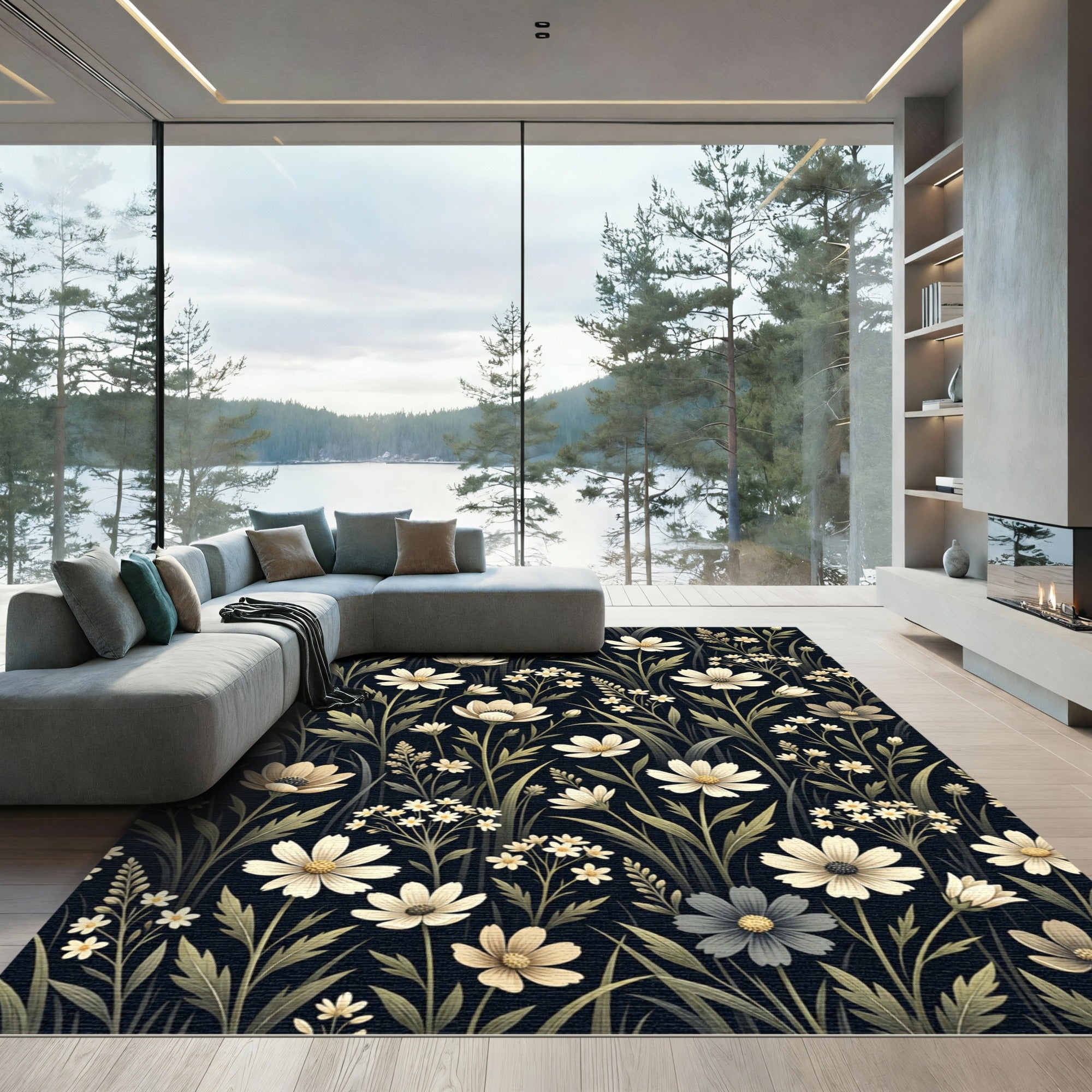 Dark Cream Floral Meadow Garden Rug