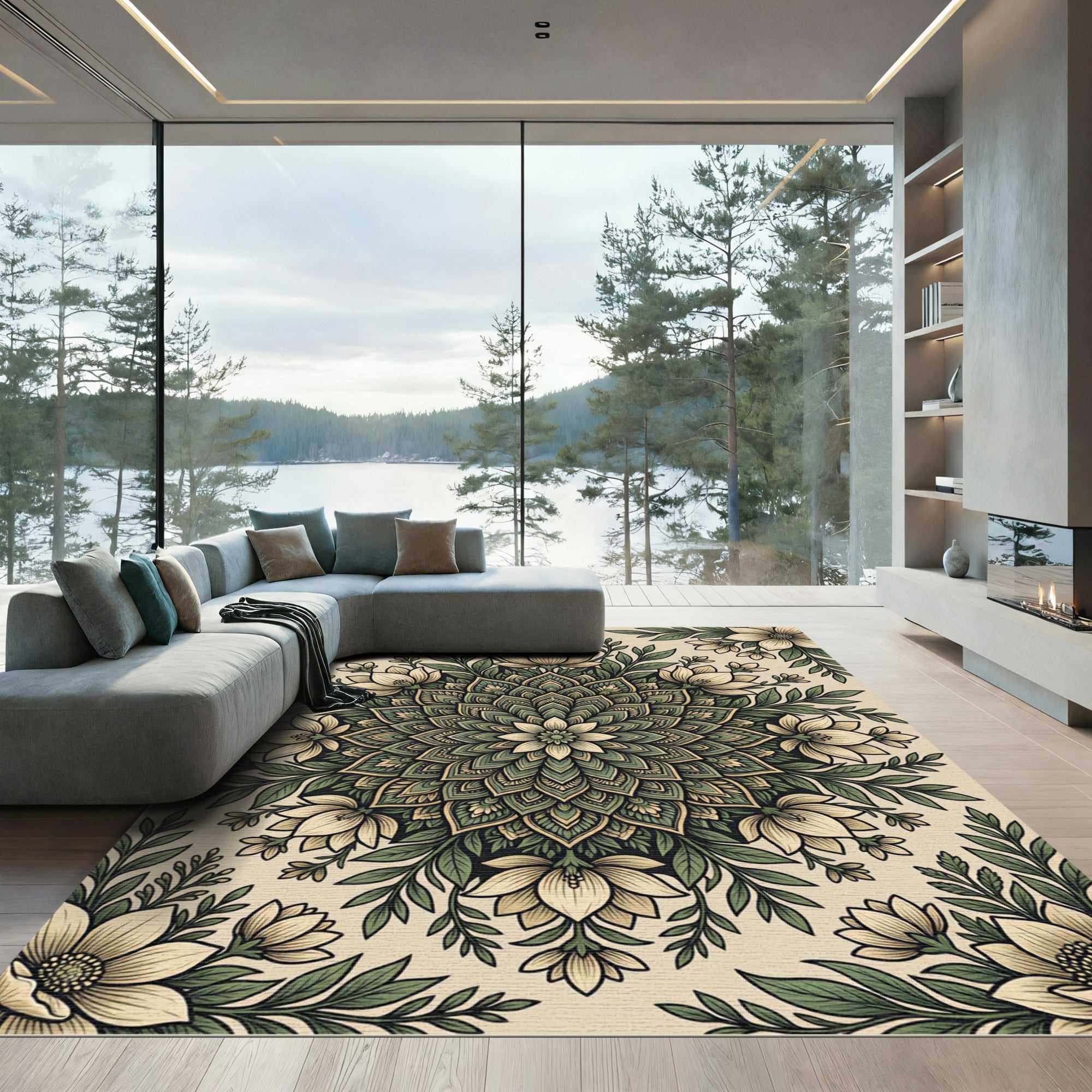 Sage Green Floral Mandala Medallion Rug