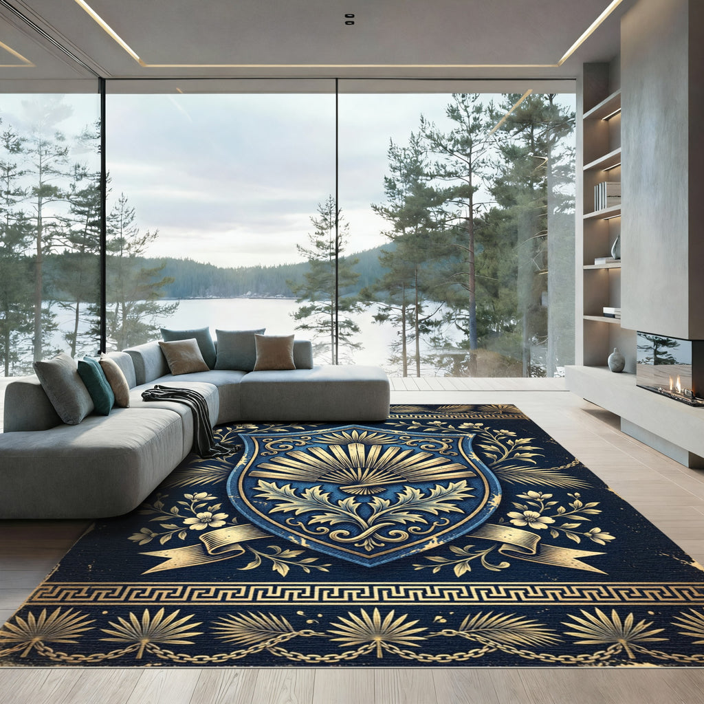 Elegant Navy Golden Fan Crest Rug