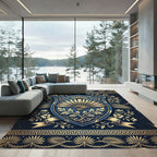 Elegant Navy Golden Fan Crest Rug