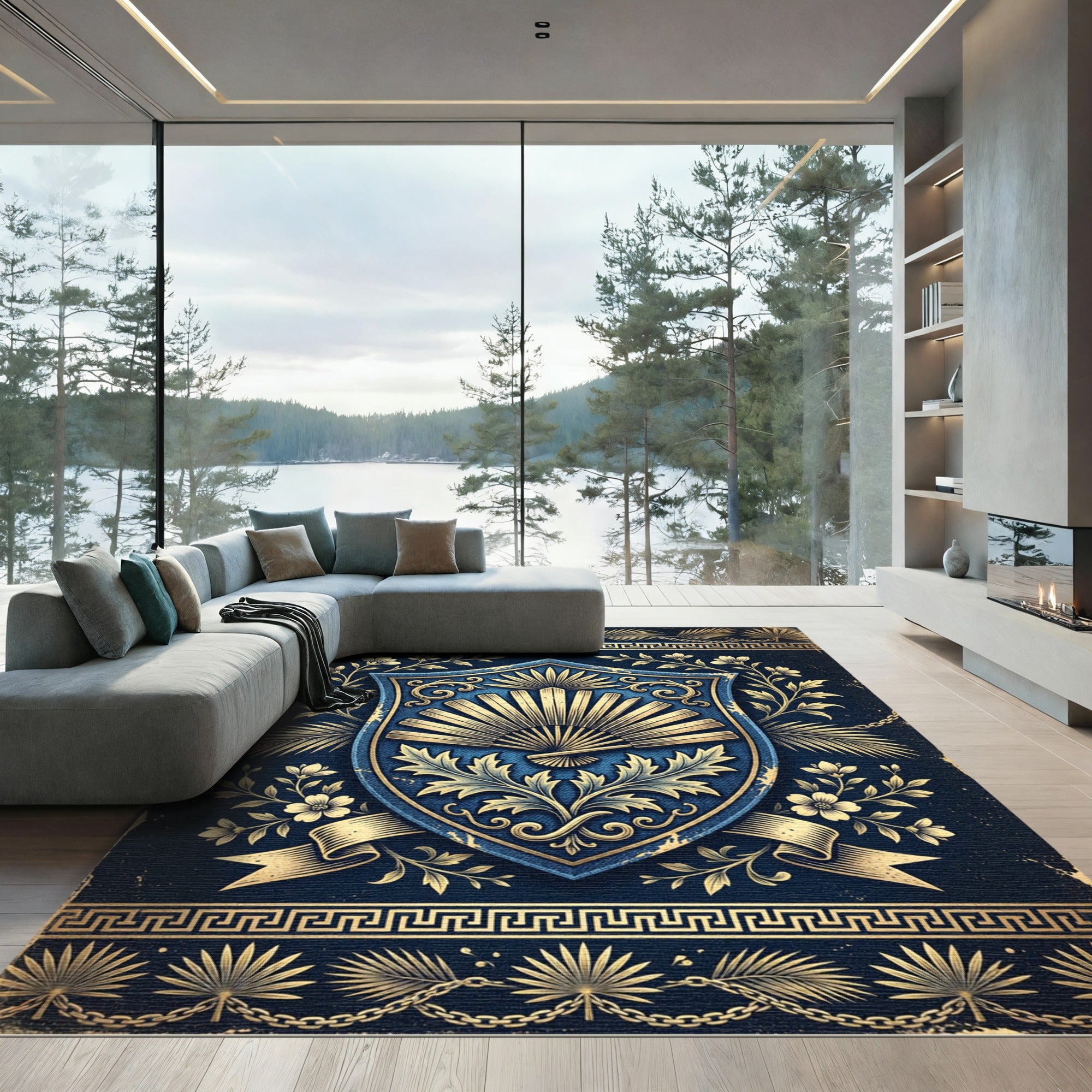 Elegant Navy Golden Fan Crest Rug