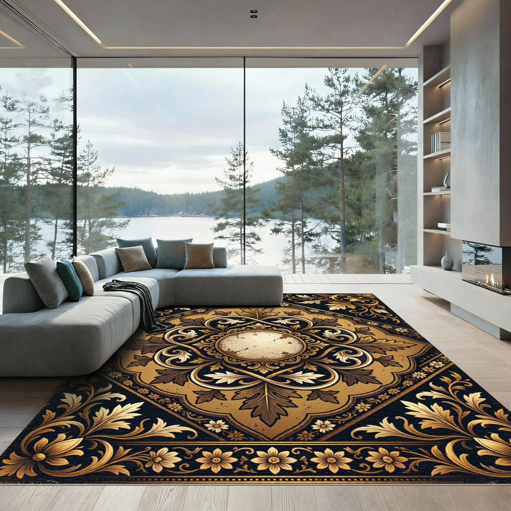 Ornate Golden Floral Filigree Medallion Rug