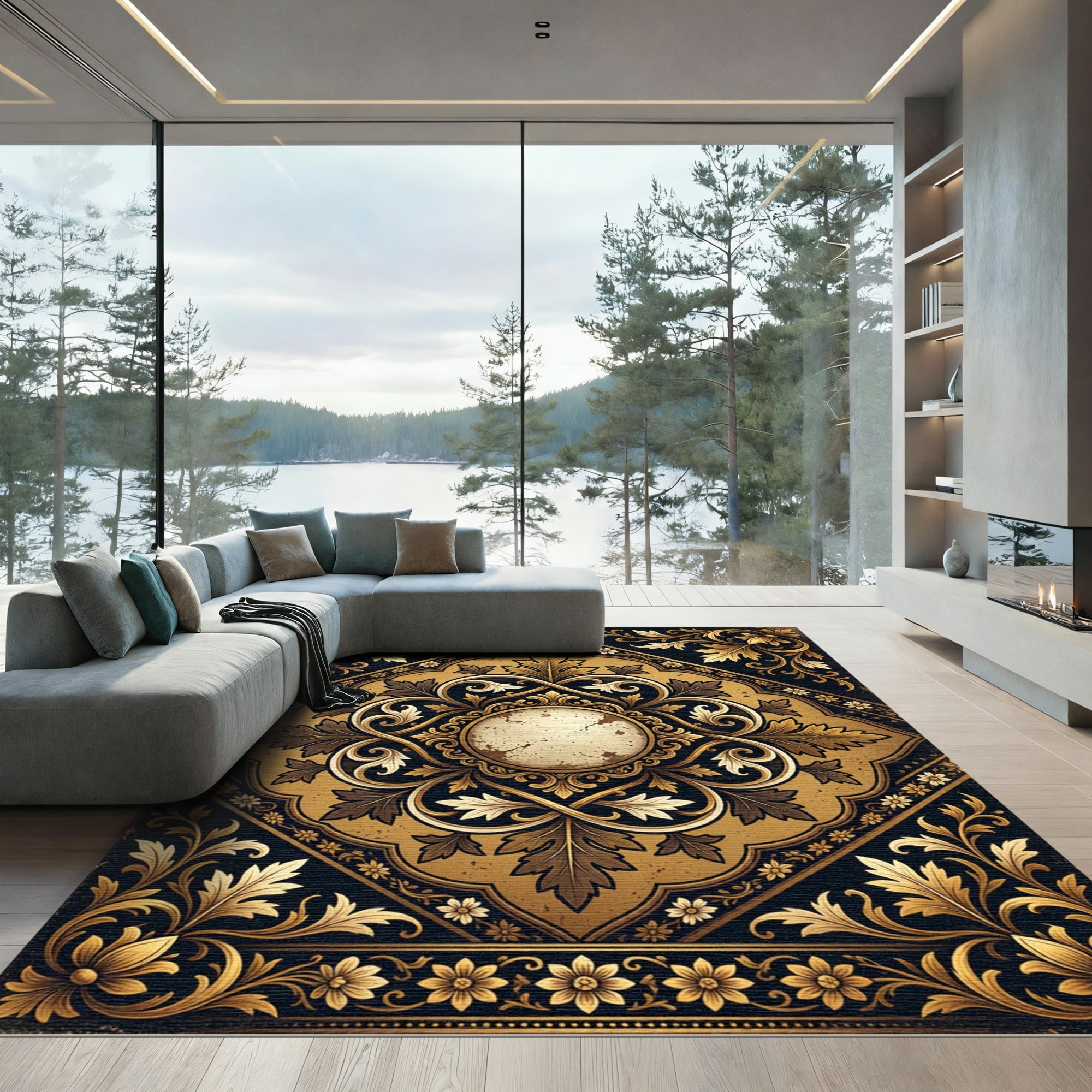 Ornate Golden Floral Filigree Medallion Rug