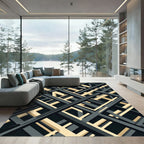 Modern Black and Gold Geometric Grid Rug