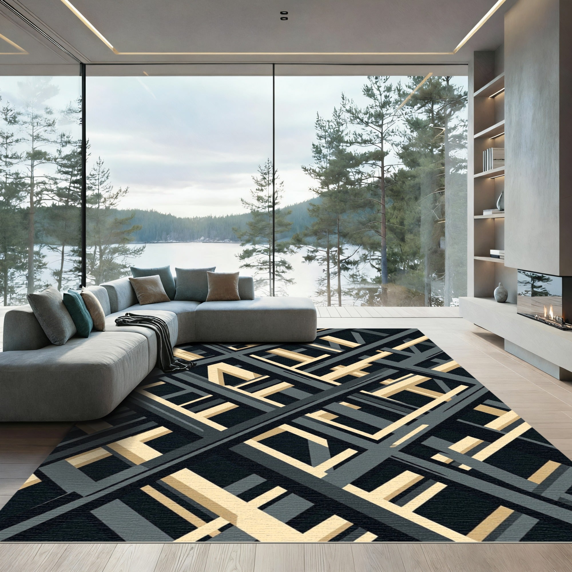 Modern Black and Gold Geometric Grid Rug