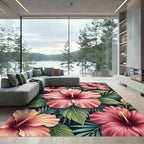 Coral Pink Hibiscus Tropical Foliage Rug