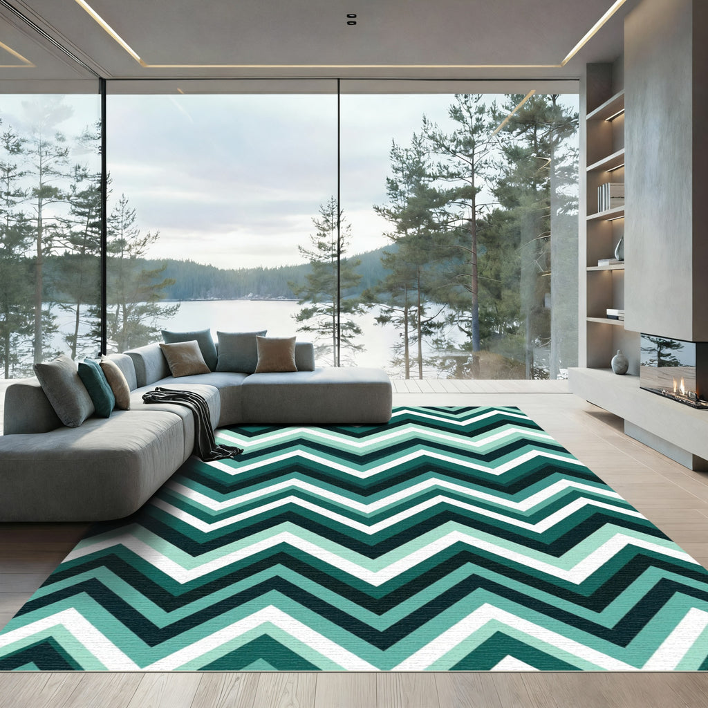 Modern Teal Chevron Geometric Zigzag Rug