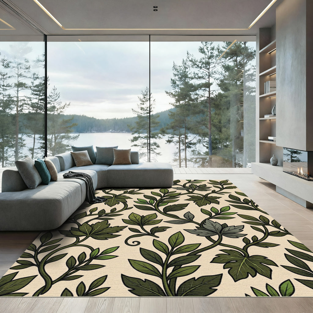 Earthy Green Botanical Vine Foliage Rug