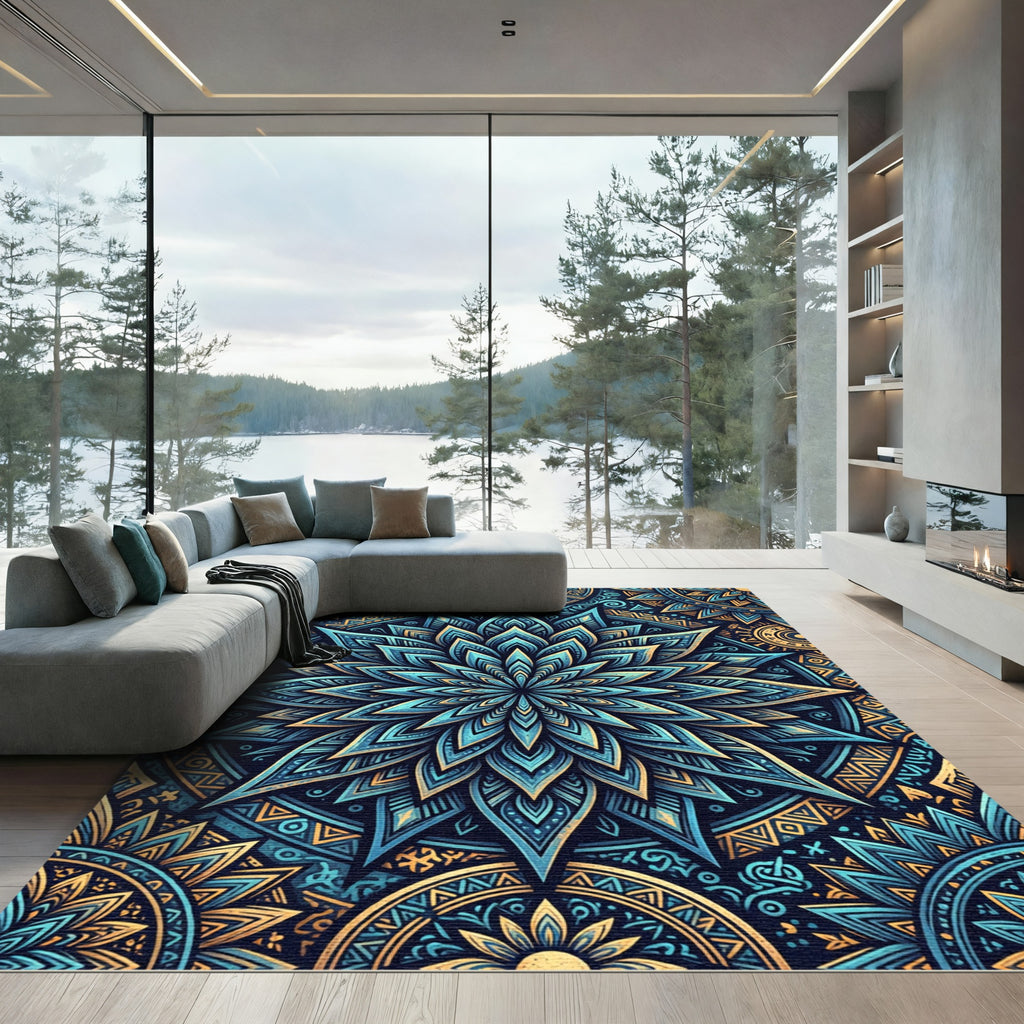 Blue Gold Mandala Lotus Sacred Geometry Rug