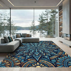 Blue Gold Mandala Lotus Sacred Geometry Rug