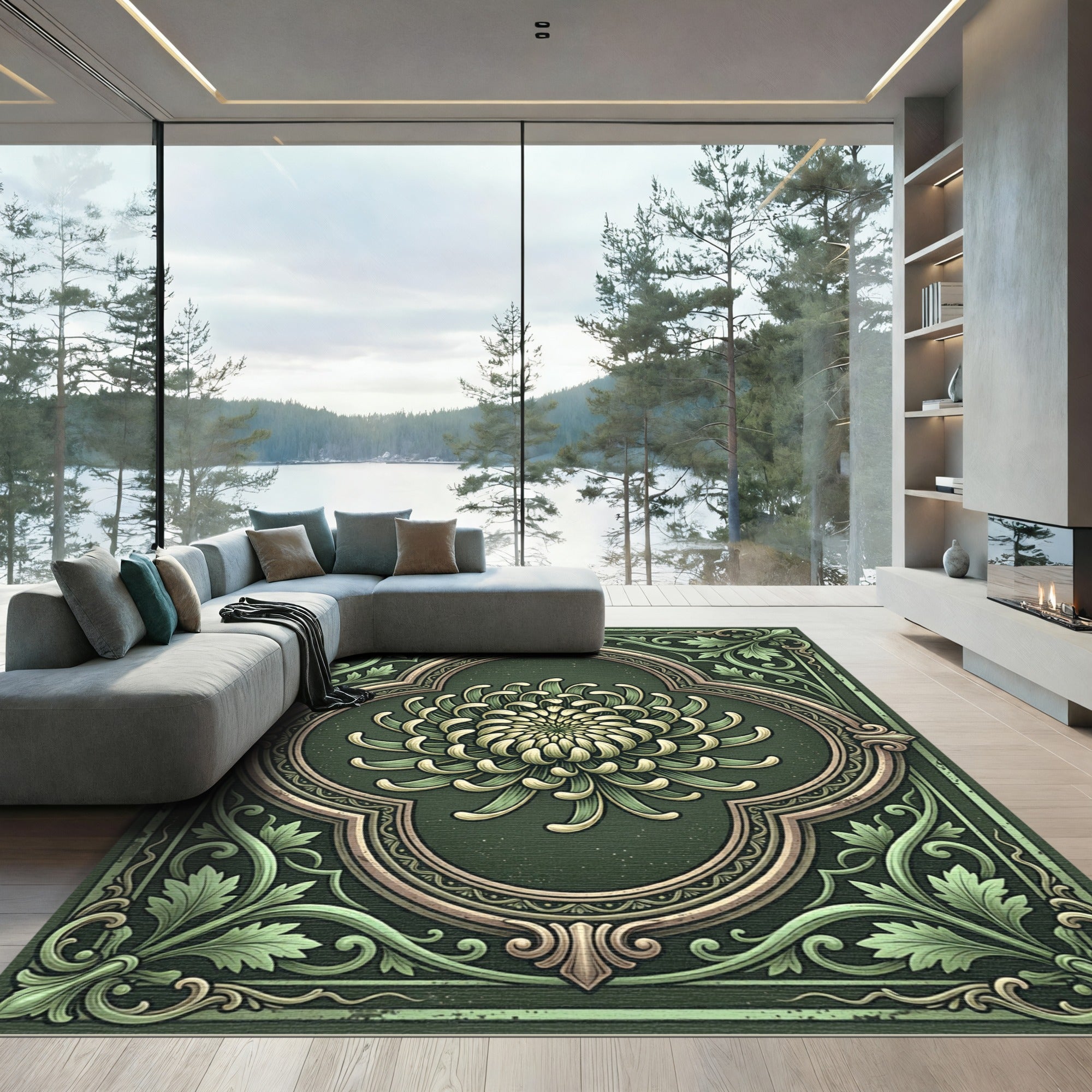 Sage Green Ornate Chrysanthemum Floral Medallion Rug