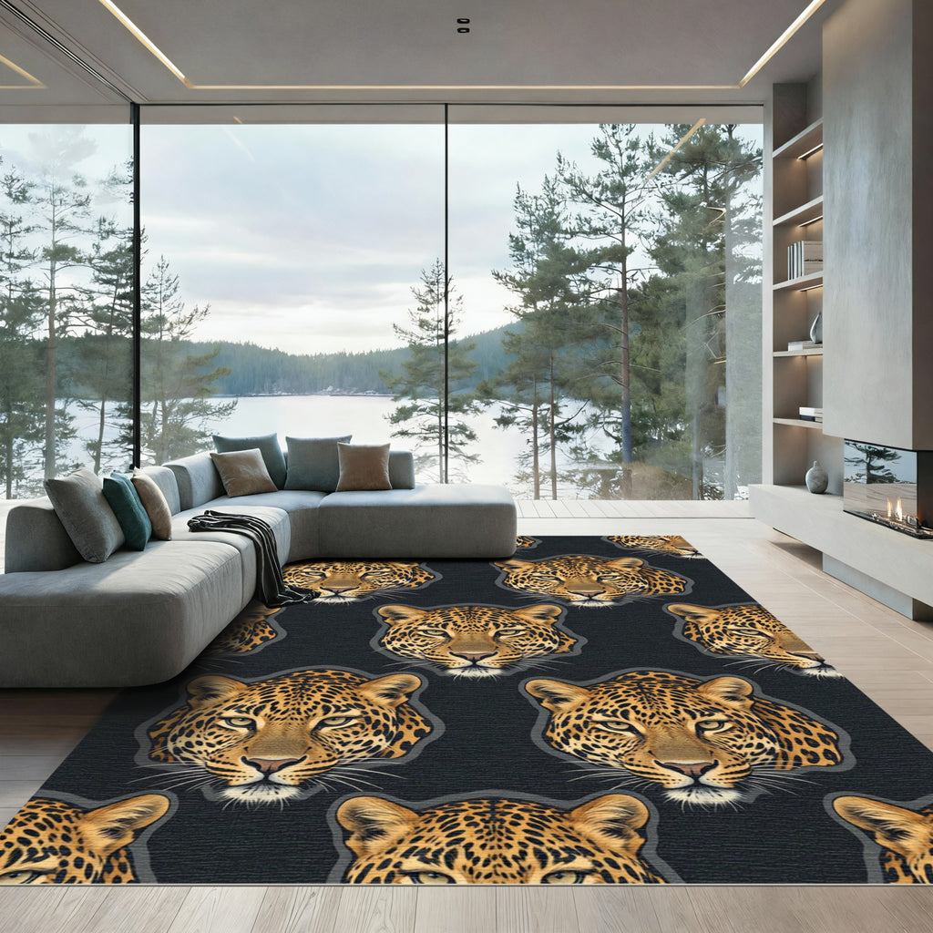 Golden Leopard Head All Over Print Rug