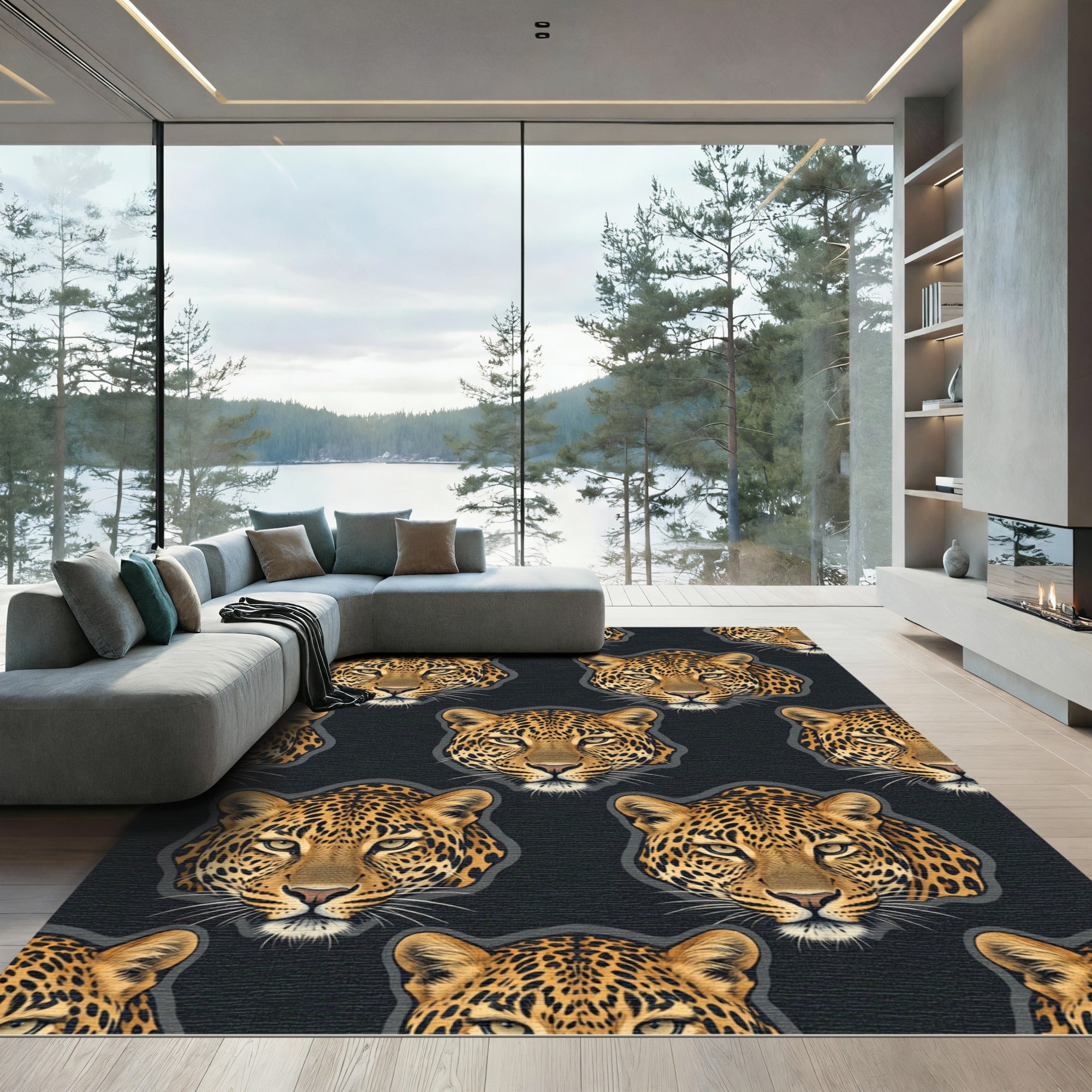 Golden Leopard Head All Over Print Rug