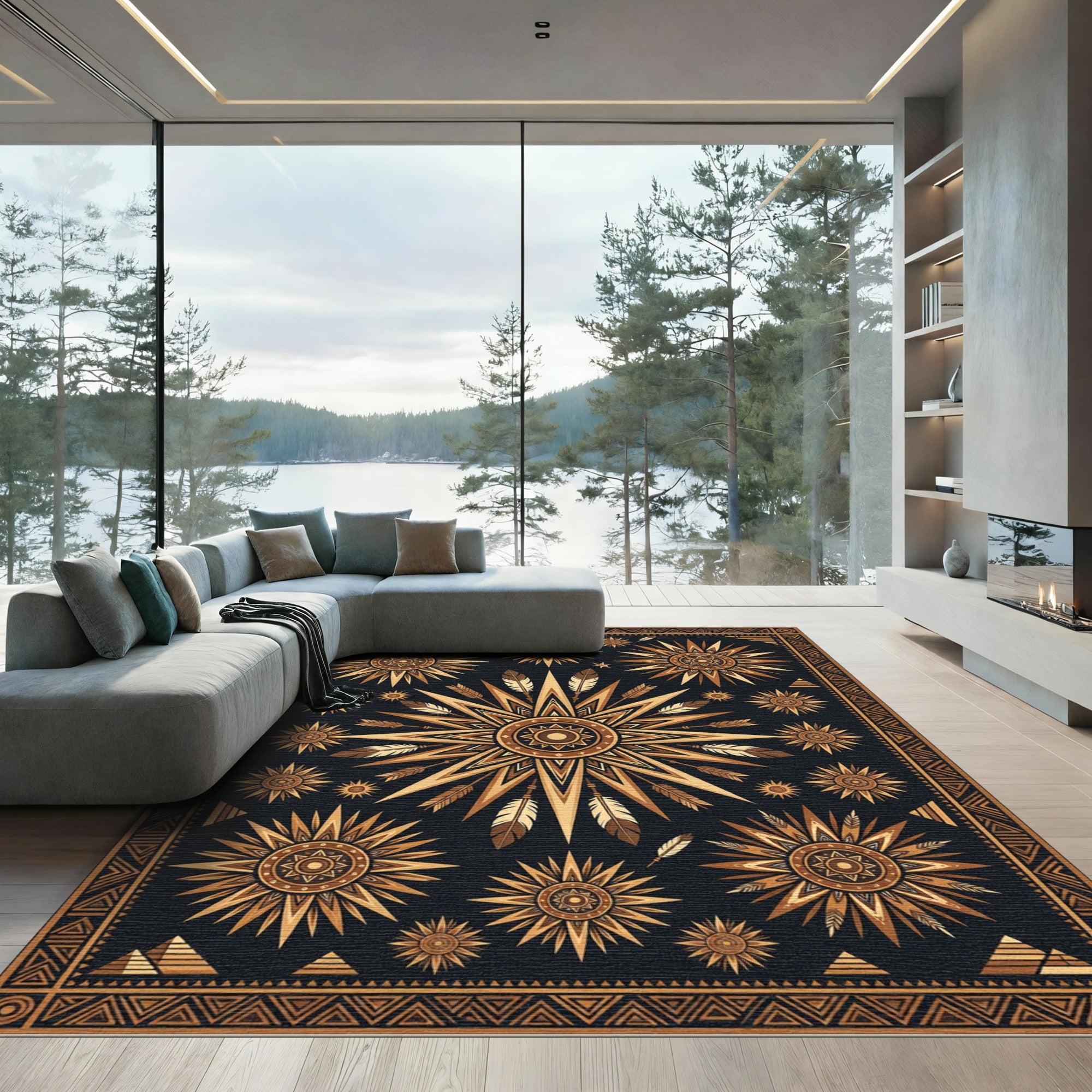 Golden Sun Feather Tribal Medallion Rug