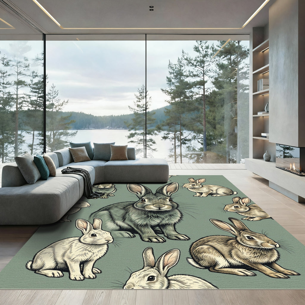 Charming Sage Green Woodland Rabbit Rug