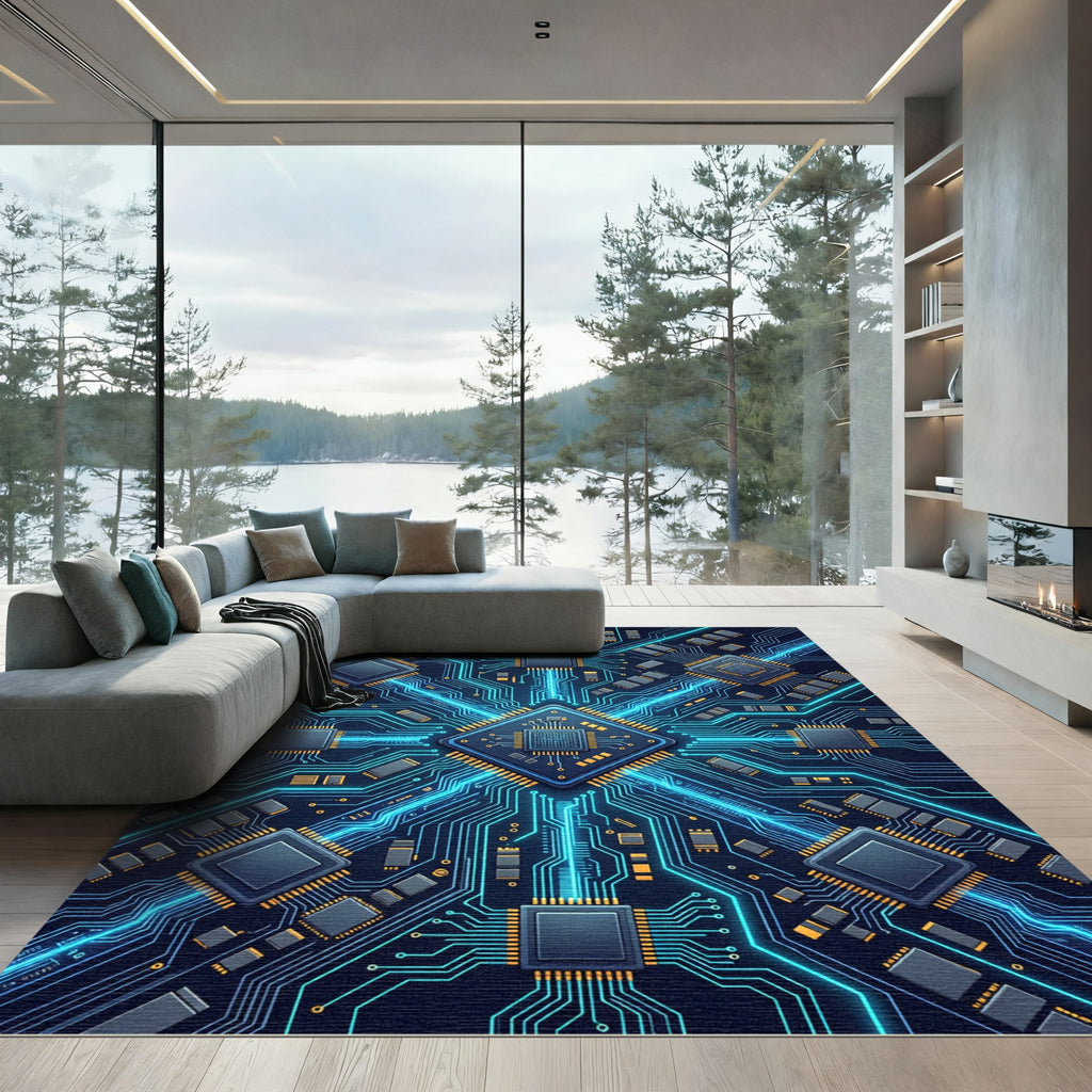 Glowing Neon Circuit Board Fractal Art Rug